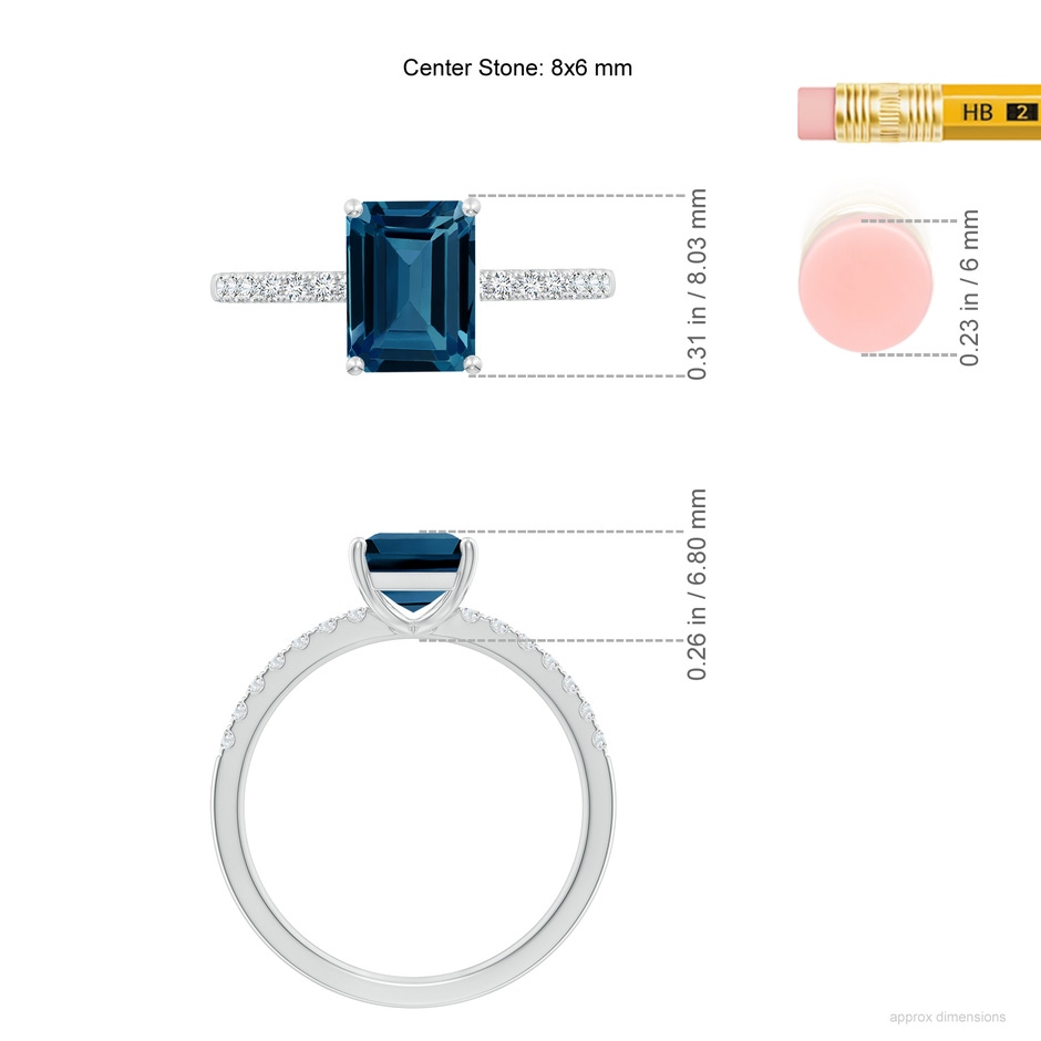 8x6mm AAAA Emerald-Cut London Blue Topaz Engagement Ring with Diamonds in White Gold ruler