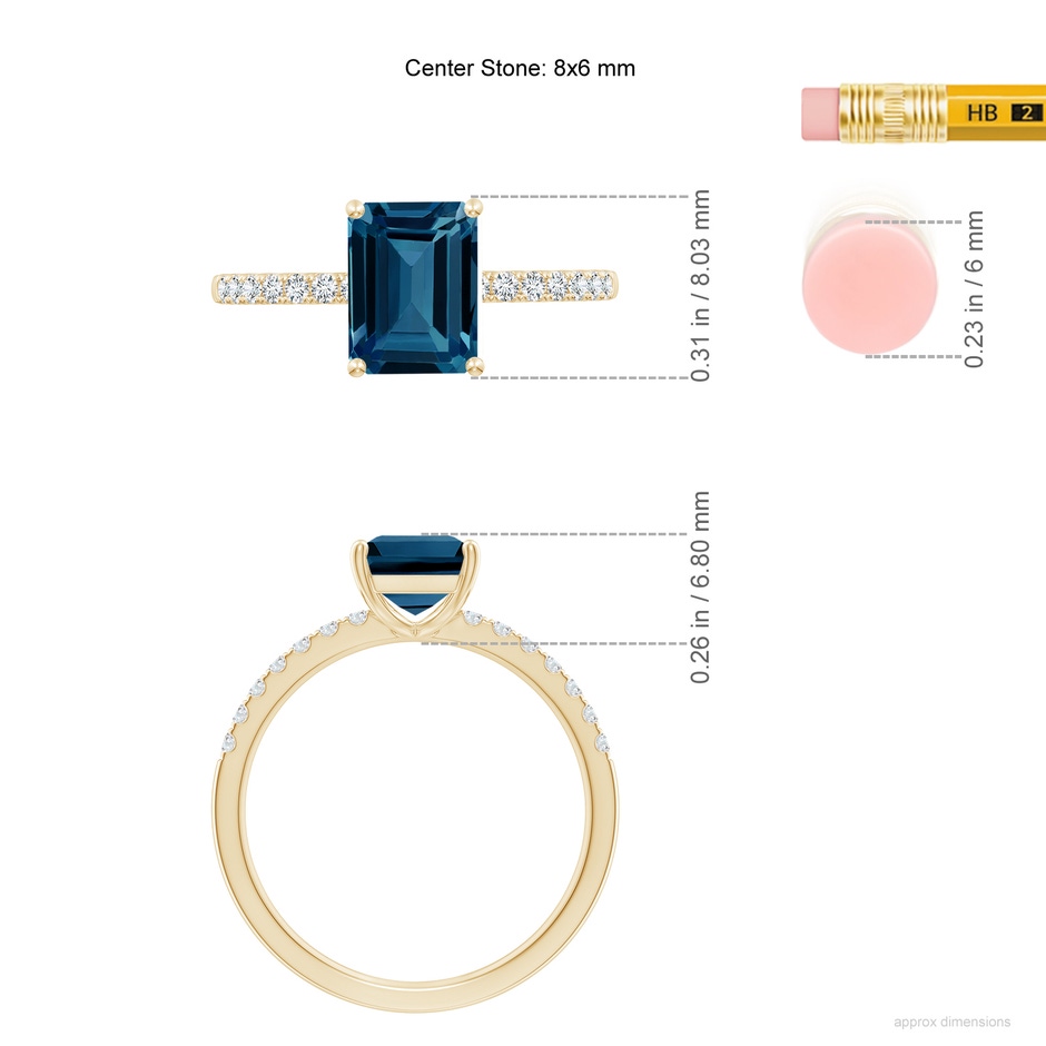 8x6mm AAAA Emerald-Cut London Blue Topaz Engagement Ring with Diamonds in Yellow Gold ruler