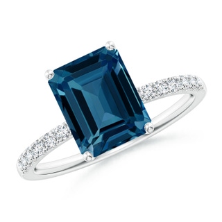 9x7mm AAAA Emerald-Cut London Blue Topaz Engagement Ring with Diamonds in P950 Platinum