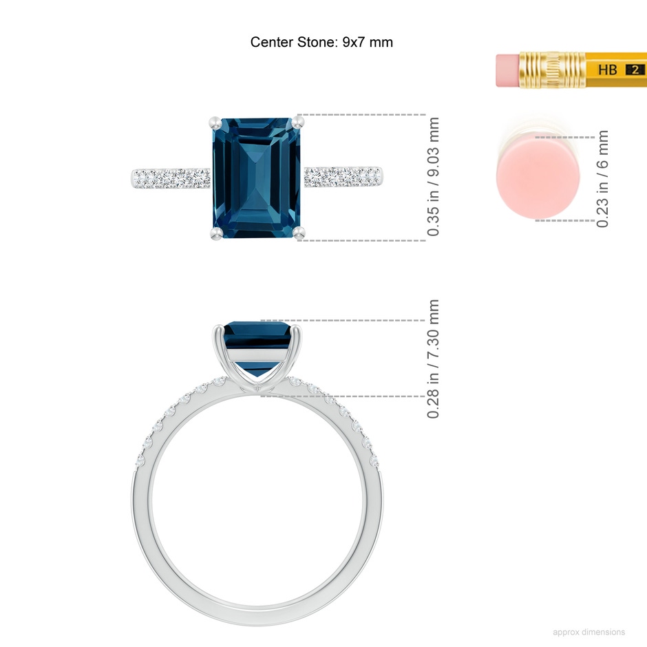9x7mm AAAA Emerald-Cut London Blue Topaz Engagement Ring with Diamonds in White Gold ruler