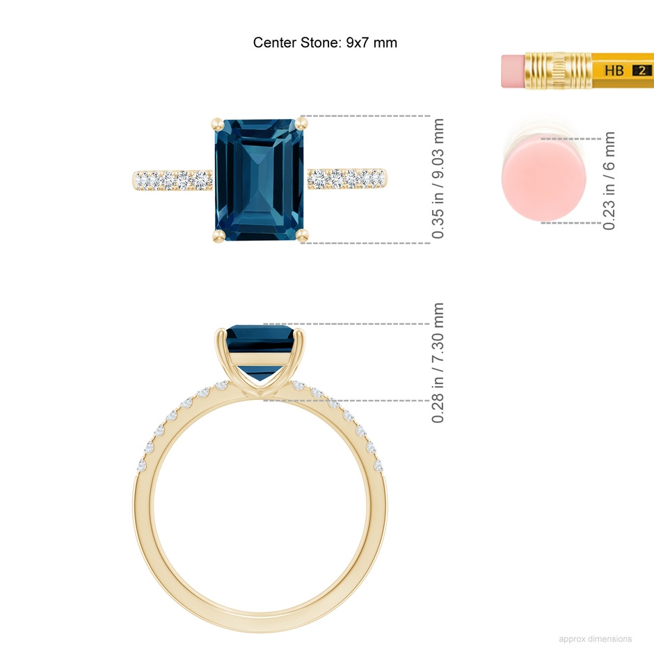 9x7mm AAAA Emerald-Cut London Blue Topaz Engagement Ring with Diamonds in Yellow Gold ruler