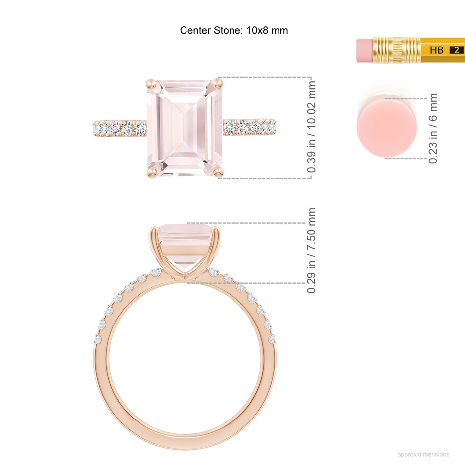 10x8mm A Emerald-Cut Morganite Engagement Ring with Diamonds in Rose Gold ruler