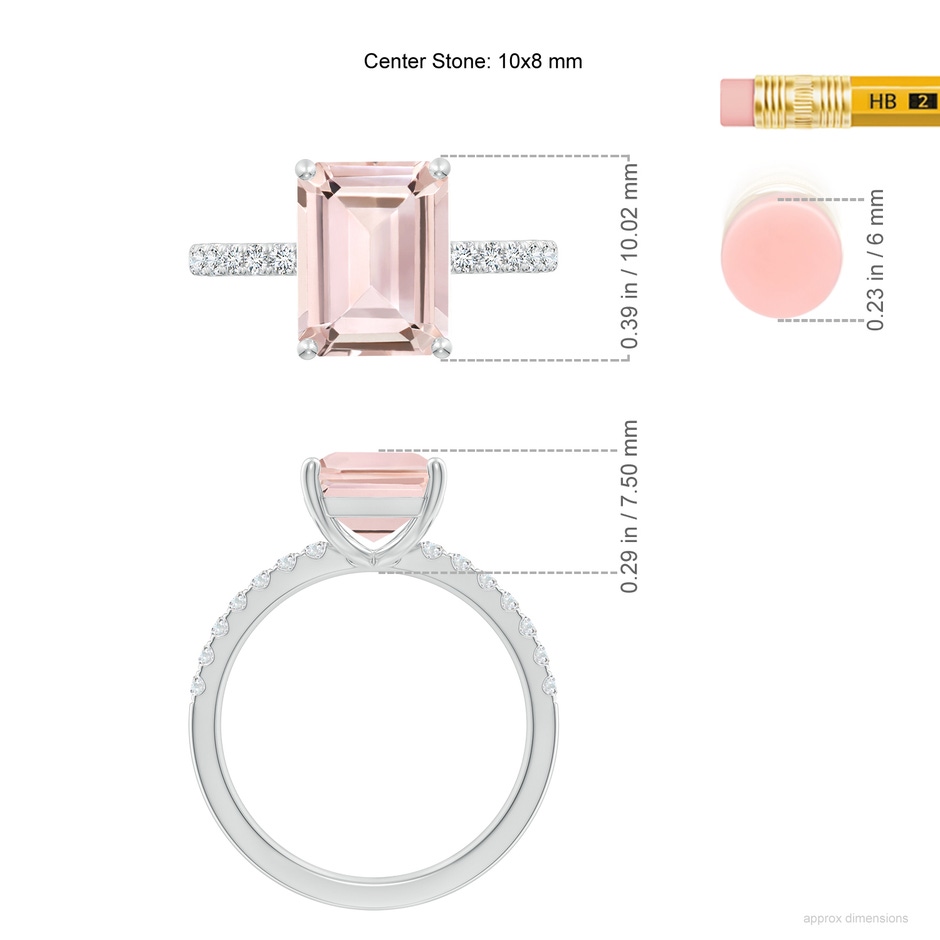 10x8mm AA Emerald-Cut Morganite Engagement Ring with Diamonds in White Gold ruler