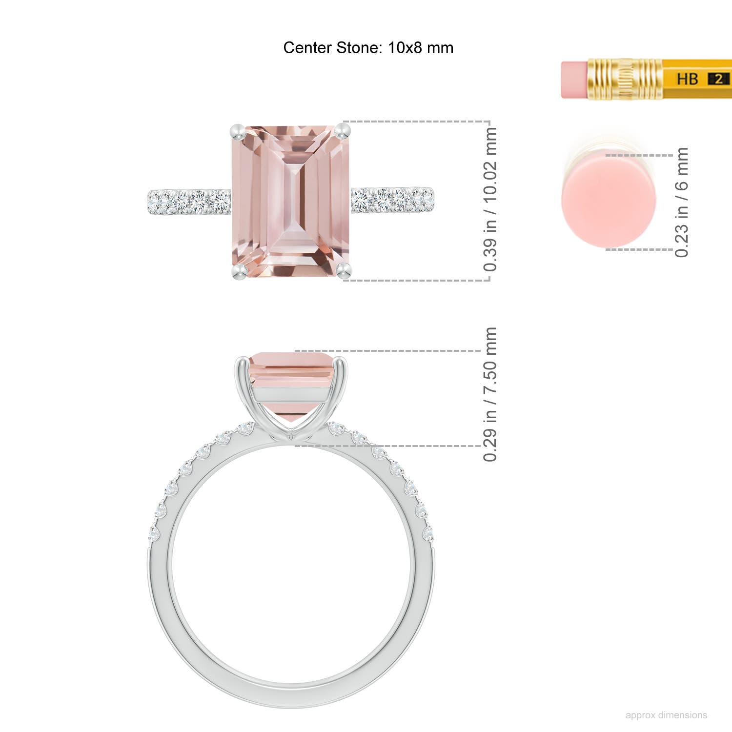 10x8mm AAA Emerald-Cut Morganite Engagement Ring with Diamonds in P950 Platinum - ruler