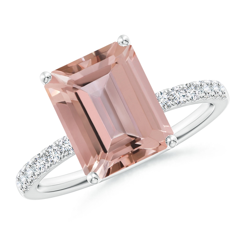 10x8mm AAAA Emerald-Cut Morganite Engagement Ring with Diamonds in White Gold