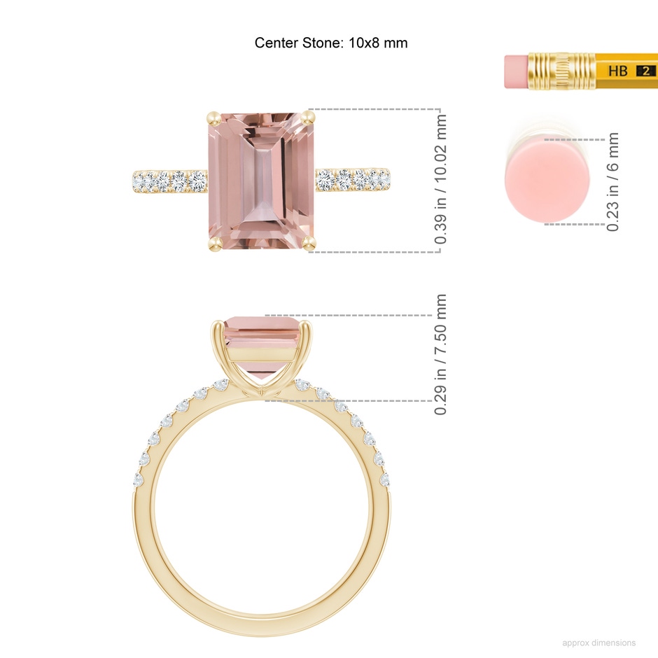 10x8mm AAAA Emerald-Cut Morganite Engagement Ring with Diamonds in Yellow Gold ruler