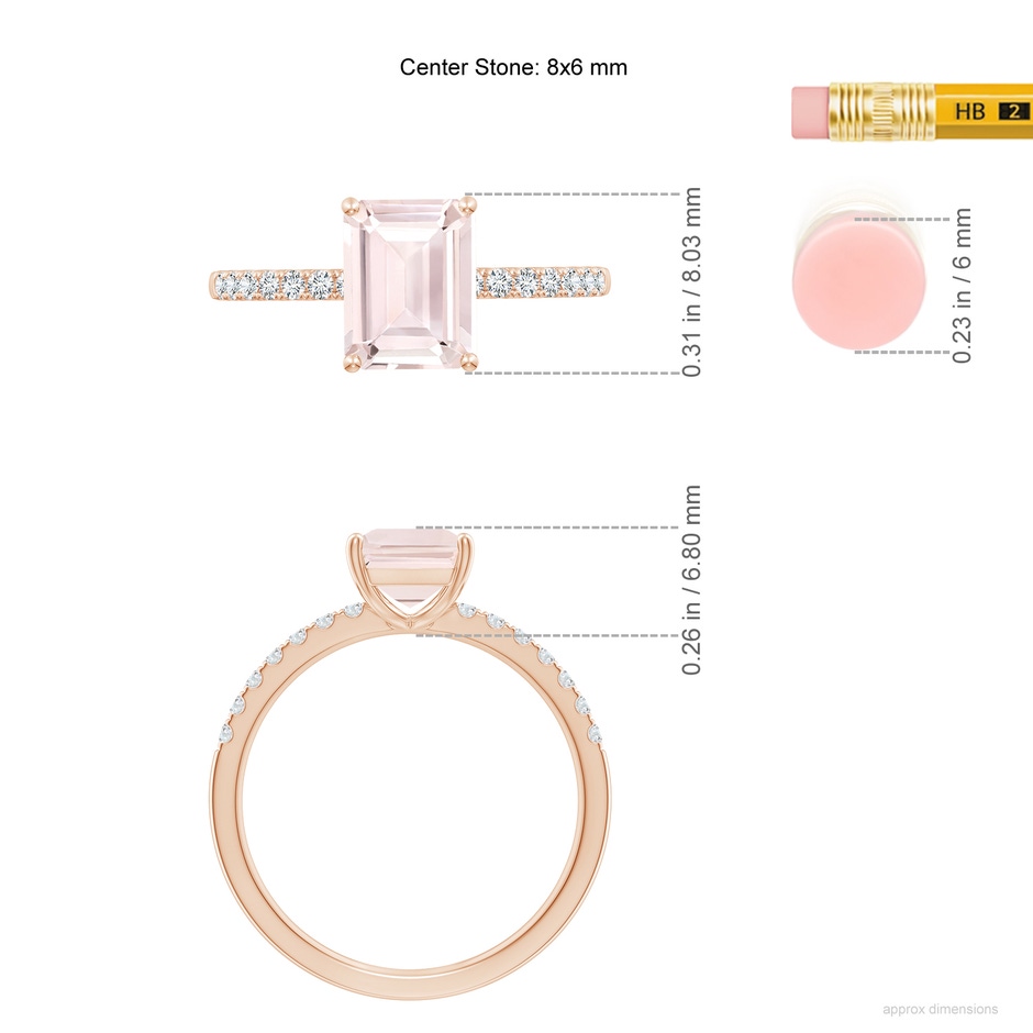 8x6mm A Emerald-Cut Morganite Engagement Ring with Diamonds in Rose Gold ruler