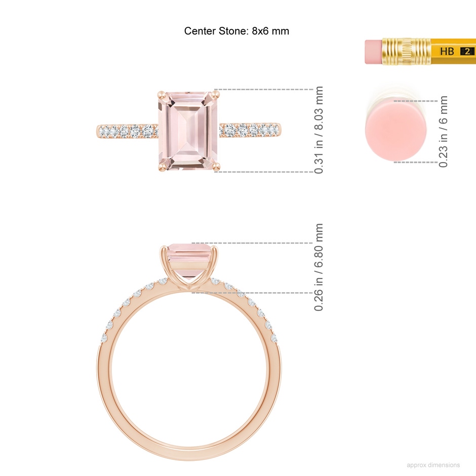 8x6mm AA Emerald-Cut Morganite Engagement Ring with Diamonds in 9K Rose Gold ruler