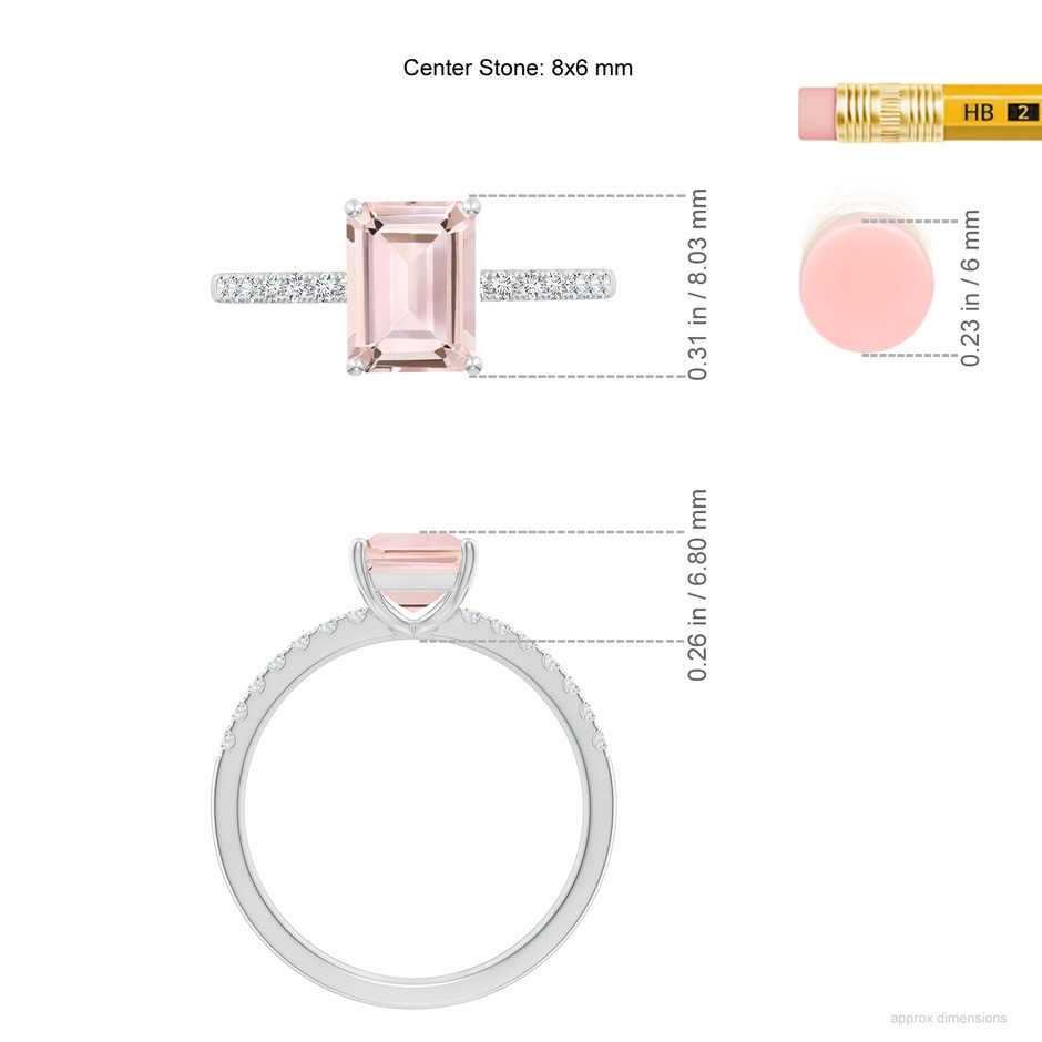 8x6mm AA Emerald-Cut Morganite Engagement Ring with Diamonds in White Gold ruler