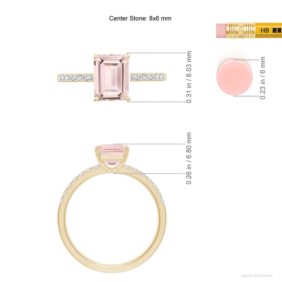 8x6mm AA Emerald-Cut Morganite Engagement Ring with Diamonds in Yellow Gold ruler