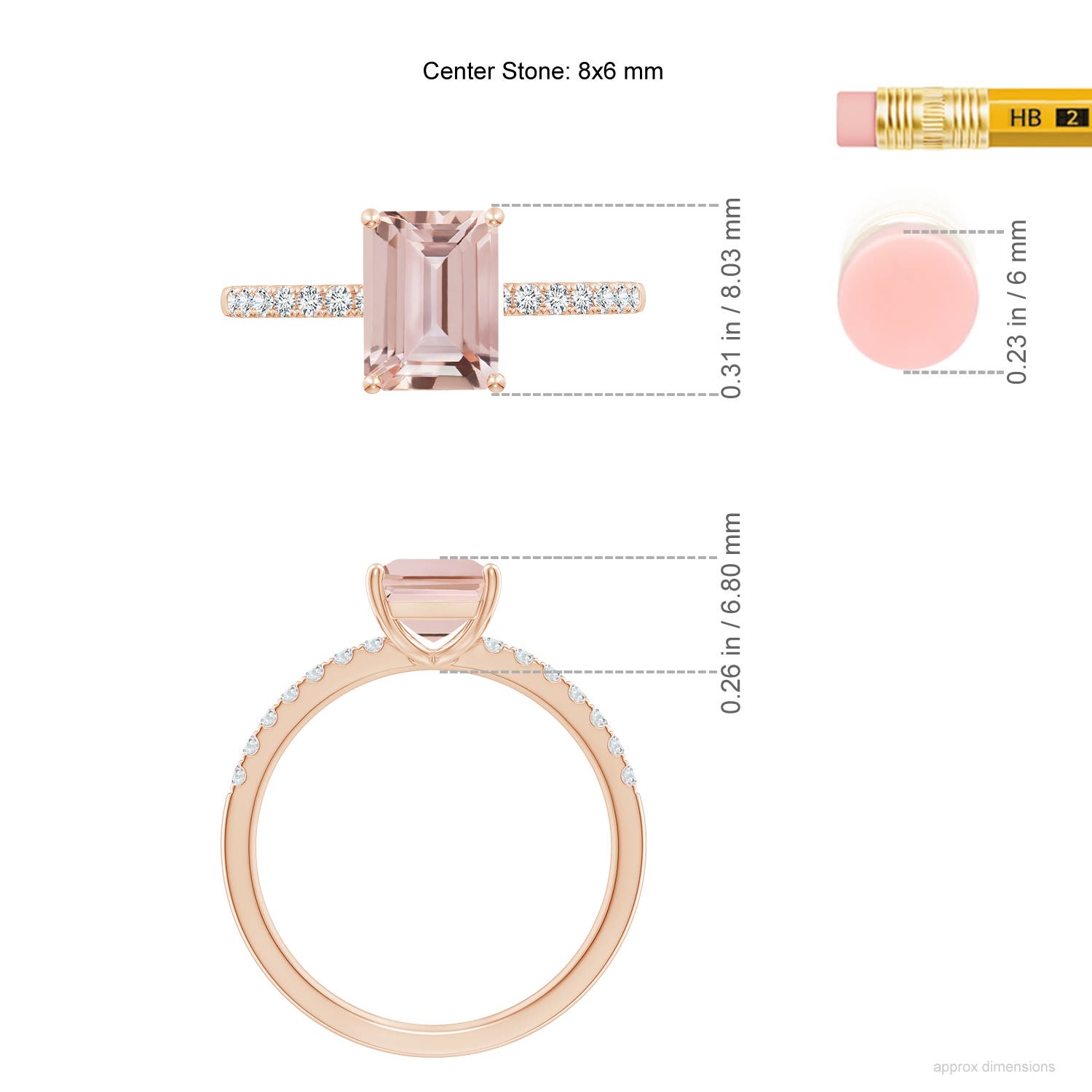 8x6mm AAA Emerald-Cut Morganite Engagement Ring with Diamonds in Rose Gold - ruler