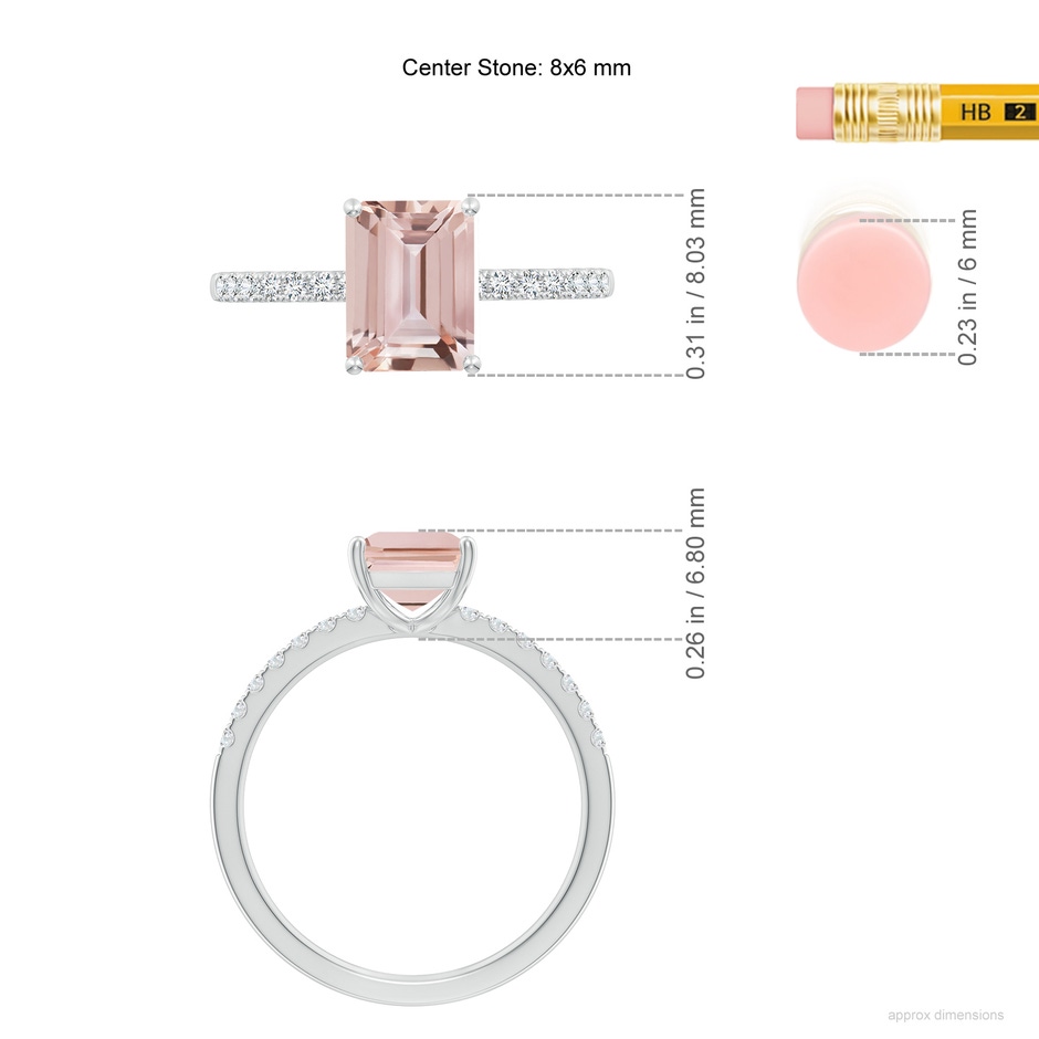 8x6mm AAA Emerald-Cut Morganite Engagement Ring with Diamonds in White Gold ruler