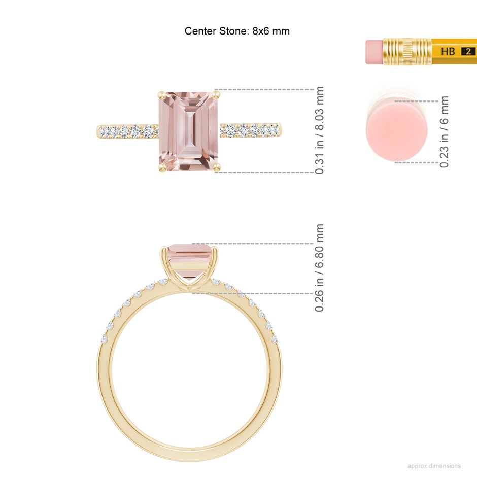 8x6mm AAA Emerald-Cut Morganite Engagement Ring with Diamonds in Yellow Gold ruler