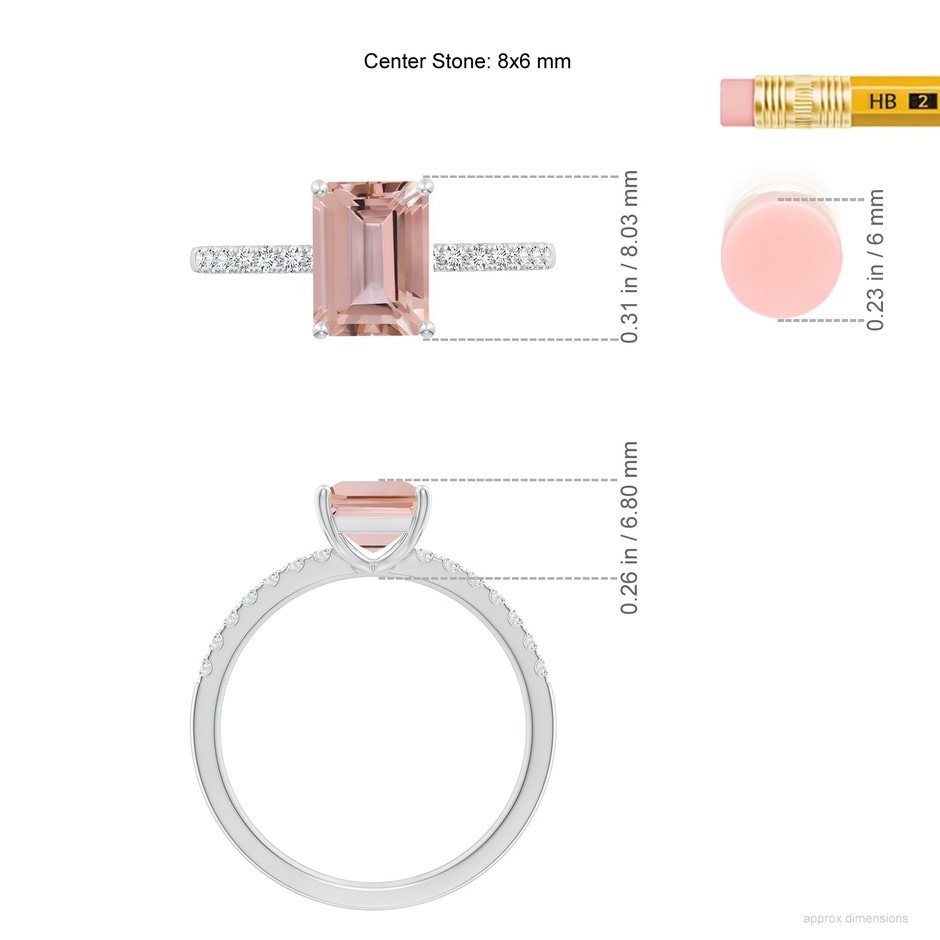 8x6mm AAAA Emerald-Cut Morganite Engagement Ring with Diamonds in P950 Platinum ruler