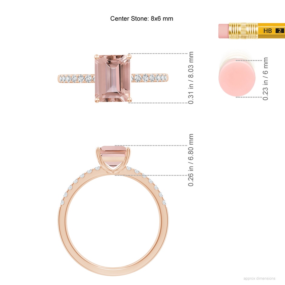 8x6mm AAAA Emerald-Cut Morganite Engagement Ring with Diamonds in Rose Gold ruler