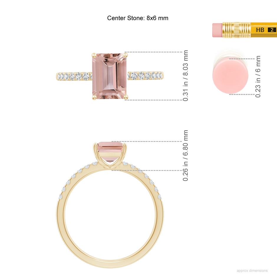 8x6mm AAAA Emerald-Cut Morganite Engagement Ring with Diamonds in Yellow Gold ruler