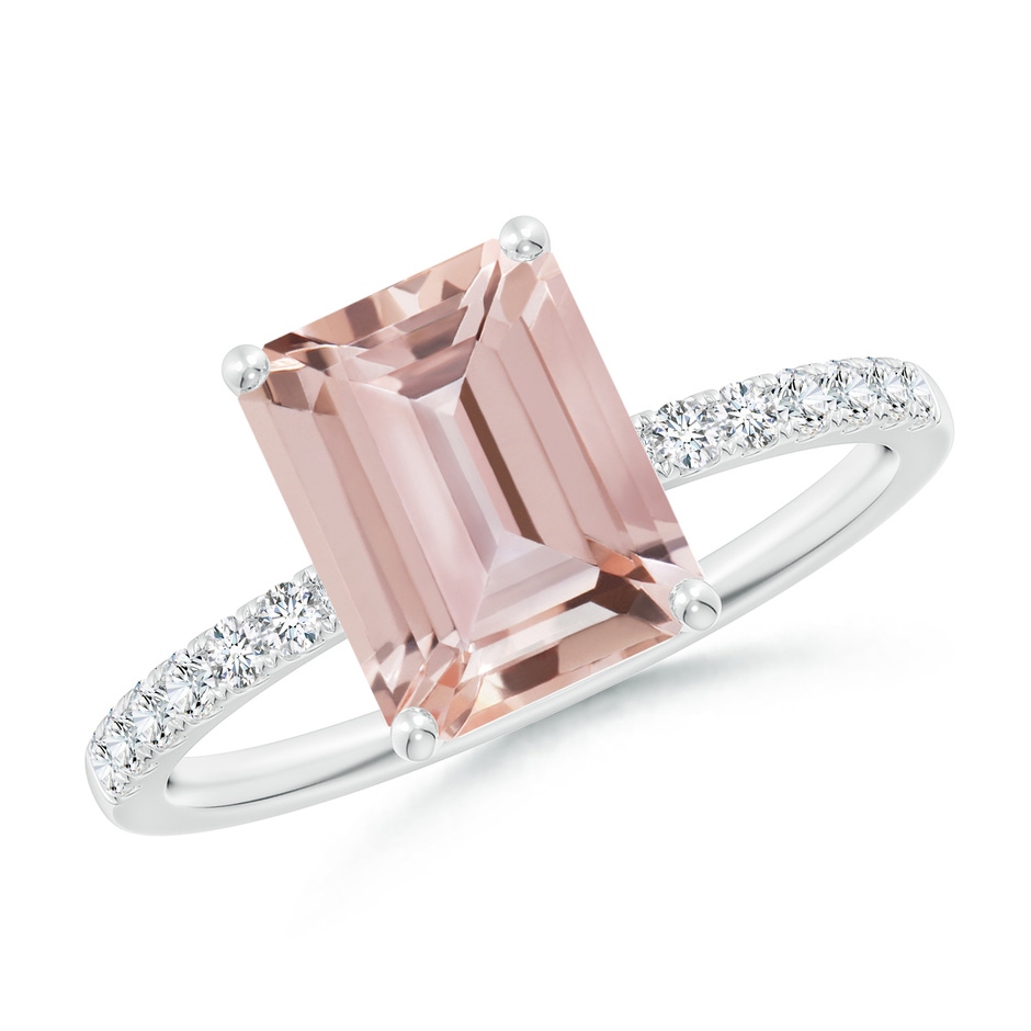 9x7mm AAA Emerald-Cut Morganite Engagement Ring with Diamonds in 18K White Gold 