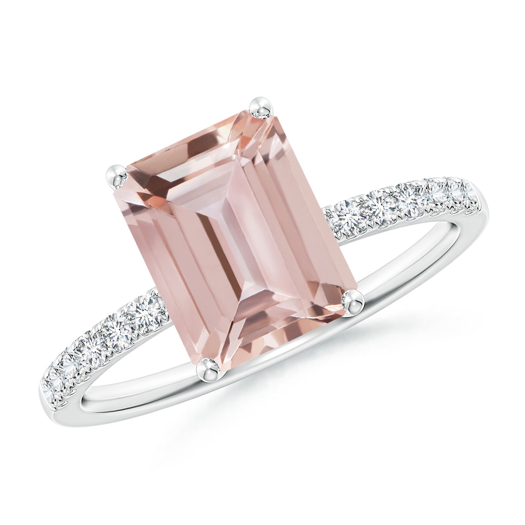 9x7mm AAA Emerald-Cut Morganite Engagement Ring with Diamonds in White Gold