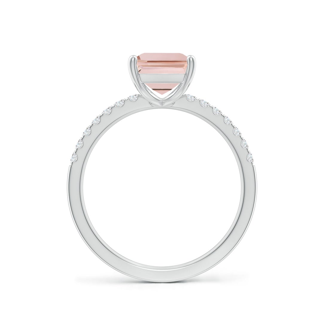 9x7mm AAA Emerald-Cut Morganite Engagement Ring with Diamonds in White Gold - side 3