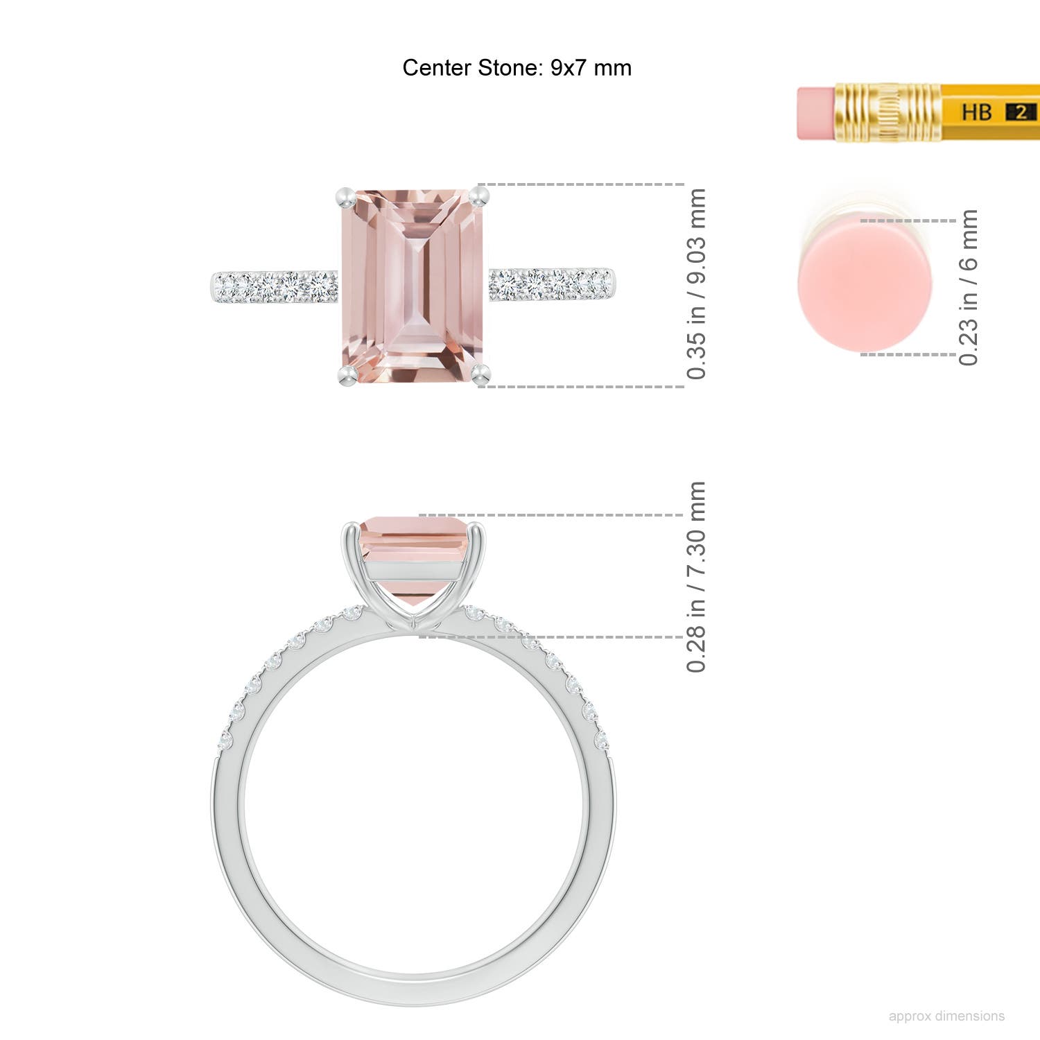 9x7mm AAA Emerald-Cut Morganite Engagement Ring with Diamonds in White Gold - ruler