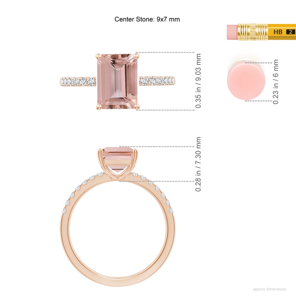 9x7mm AAAA Emerald-Cut Morganite Engagement Ring with Diamonds in Rose Gold ruler