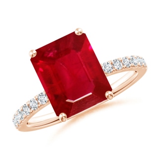 10x8mm AAA Emerald-Cut Ruby Engagement Ring with Diamonds in Rose Gold