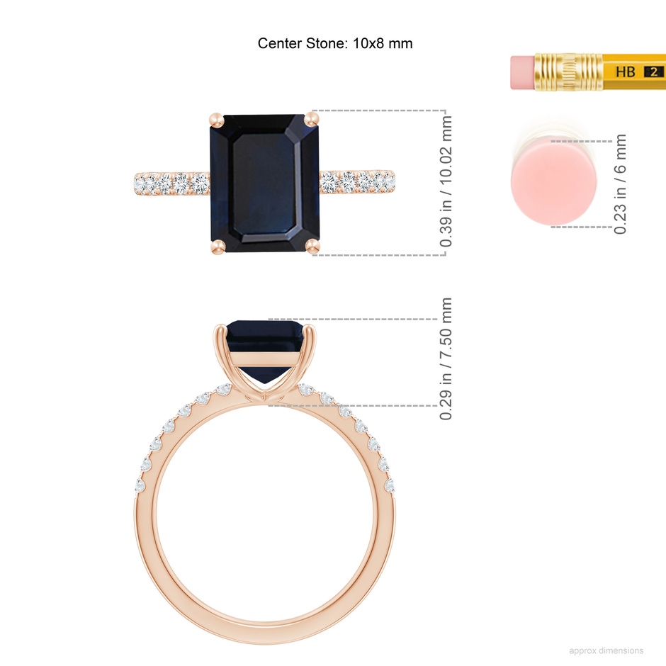 10x8mm A Emerald-Cut Blue Sapphire Engagement Ring with Diamonds in Rose Gold ruler