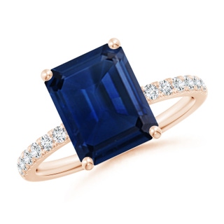 10x8mm AAA Emerald-Cut Blue Sapphire Engagement Ring with Diamonds in 18K Rose Gold