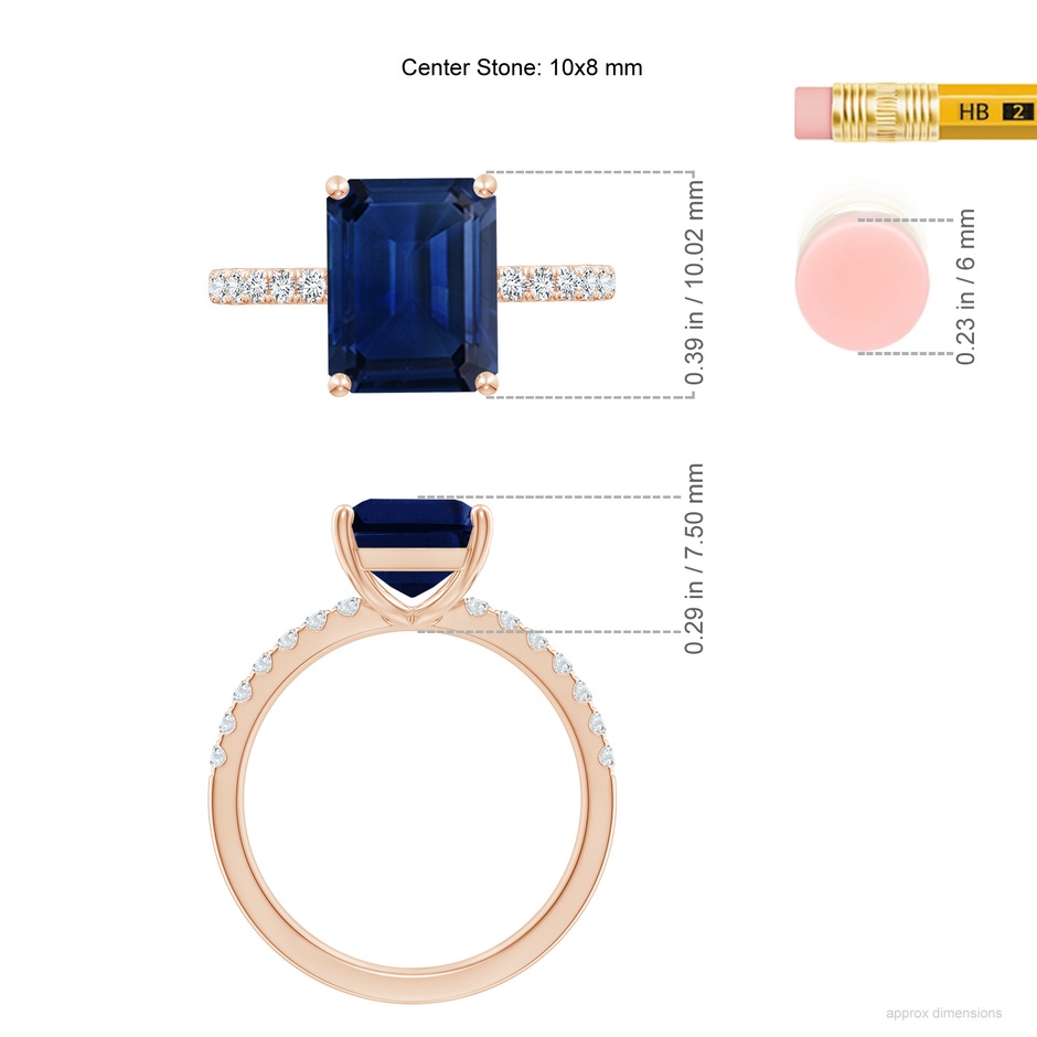 10x8mm AAA Emerald-Cut Blue Sapphire Engagement Ring with Diamonds in Rose Gold ruler