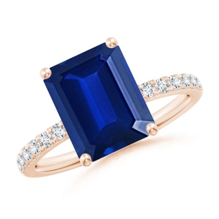 10x8mm AAAA Emerald-Cut Blue Sapphire Engagement Ring with Diamonds in 18K Rose Gold