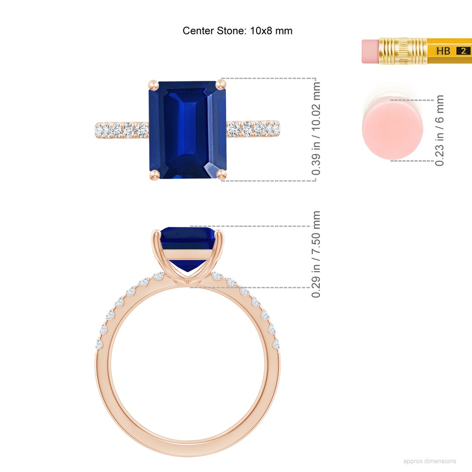 10x8mm AAAA Emerald-Cut Blue Sapphire Engagement Ring with Diamonds in Rose Gold ruler