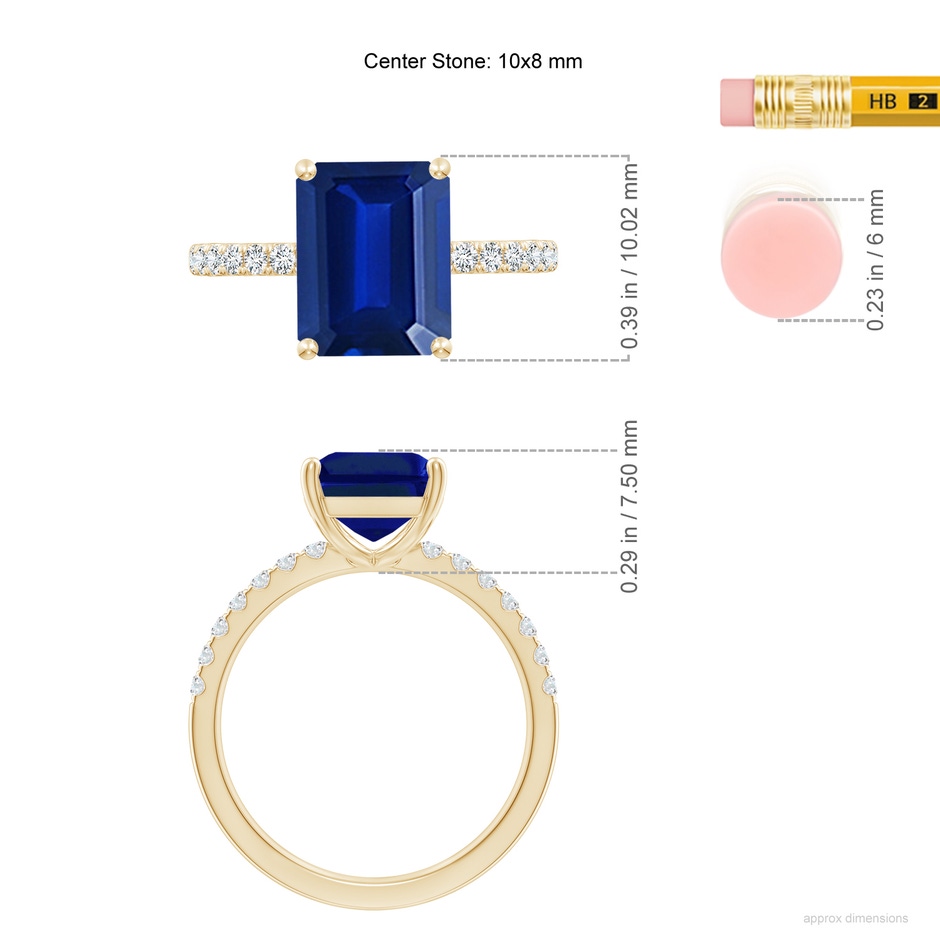 10x8mm AAAA Emerald-Cut Blue Sapphire Engagement Ring with Diamonds in Yellow Gold ruler