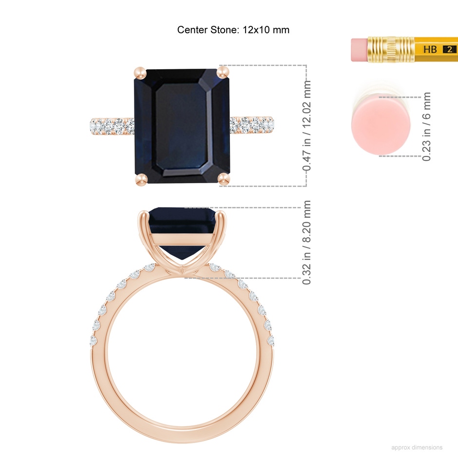 12x10mm A Emerald-Cut Blue Sapphire Engagement Ring with Diamonds in 18K Rose Gold ruler