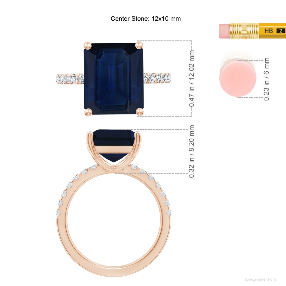 12x10mm AA Emerald-Cut Blue Sapphire Engagement Ring with Diamonds in 18K Rose Gold ruler