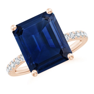 12x10mm AAA Emerald-Cut Blue Sapphire Engagement Ring with Diamonds in Rose Gold