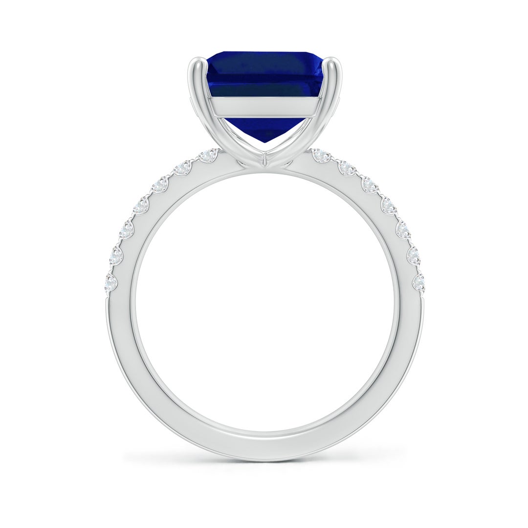 12x10mm AAAA Emerald-Cut Blue Sapphire Engagement Ring with Diamonds in White Gold - side 3