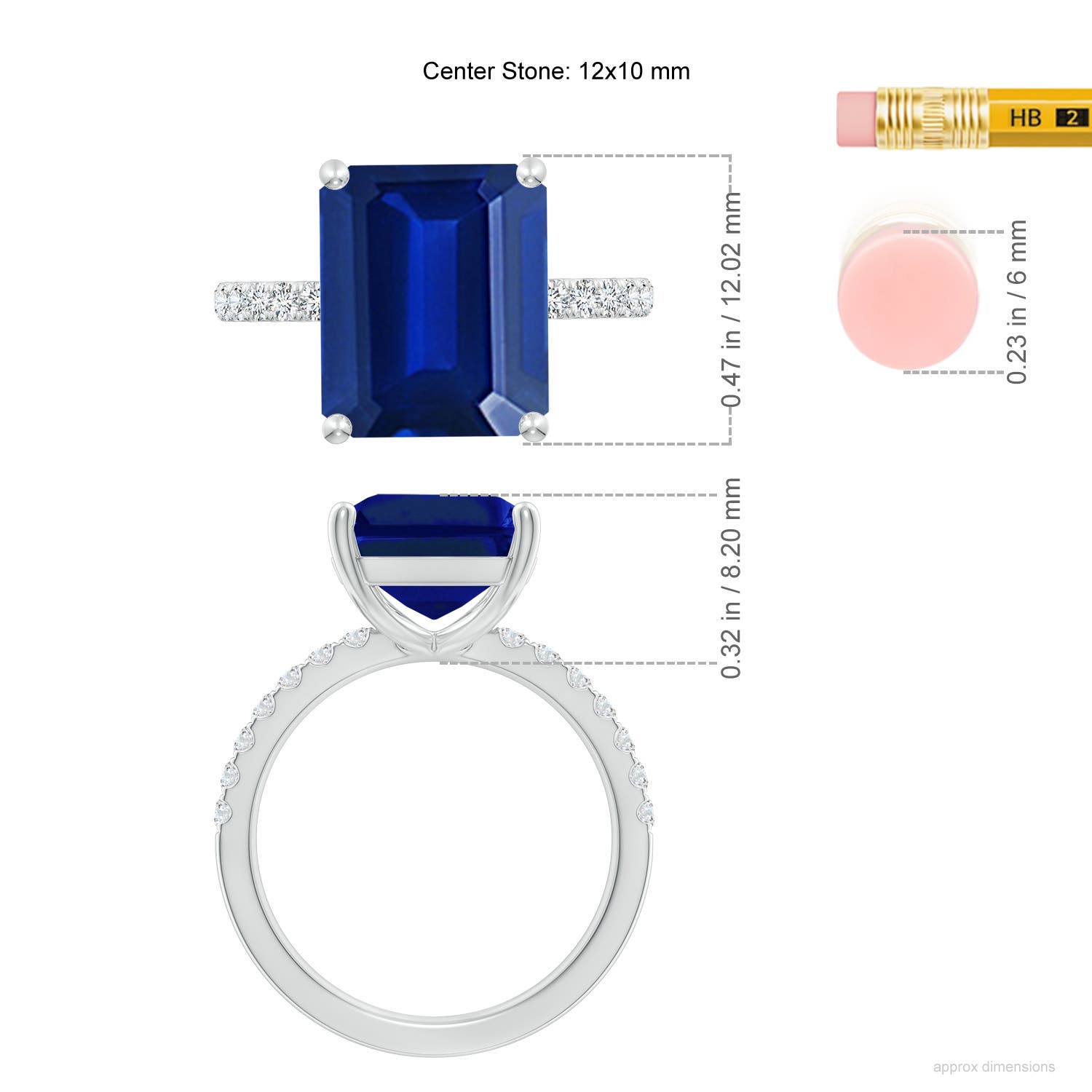 12x10mm AAAA Emerald-Cut Blue Sapphire Engagement Ring with Diamonds in White Gold - ruler