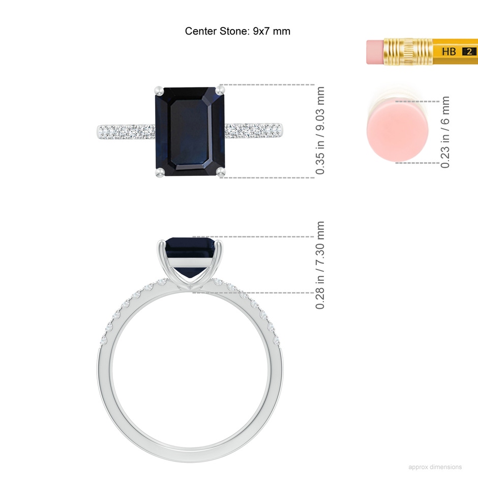 9x7mm A Emerald-Cut Blue Sapphire Engagement Ring with Diamonds in White Gold ruler