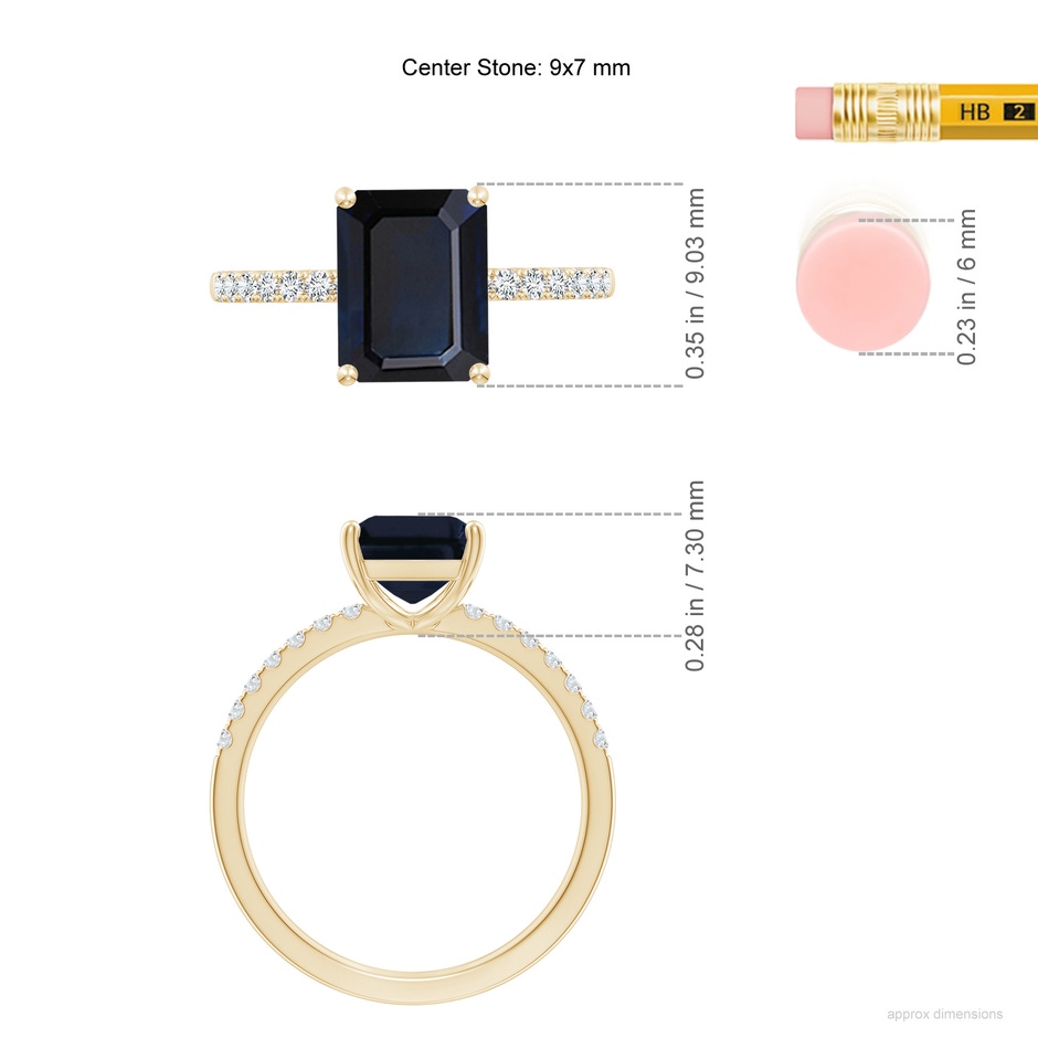 9x7mm A Emerald-Cut Blue Sapphire Engagement Ring with Diamonds in Yellow Gold ruler