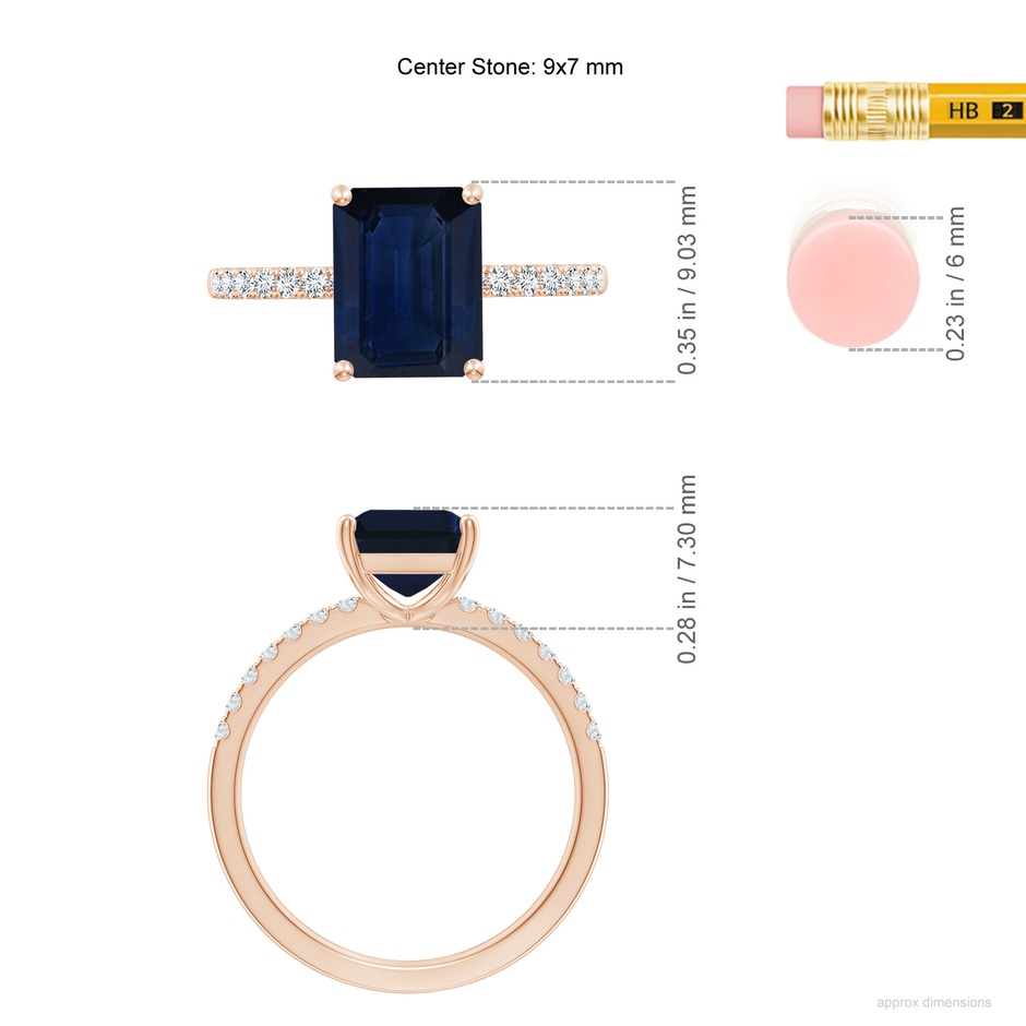 9x7mm AA Emerald-Cut Blue Sapphire Engagement Ring with Diamonds in Rose Gold ruler