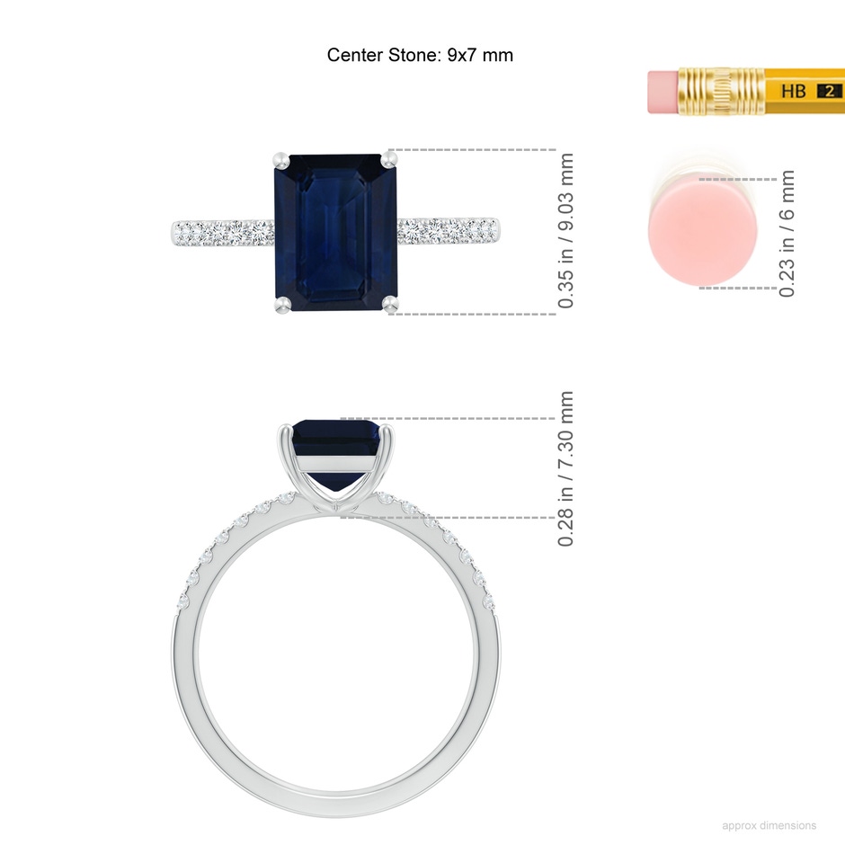 9x7mm AA Emerald-Cut Blue Sapphire Engagement Ring with Diamonds in White Gold ruler