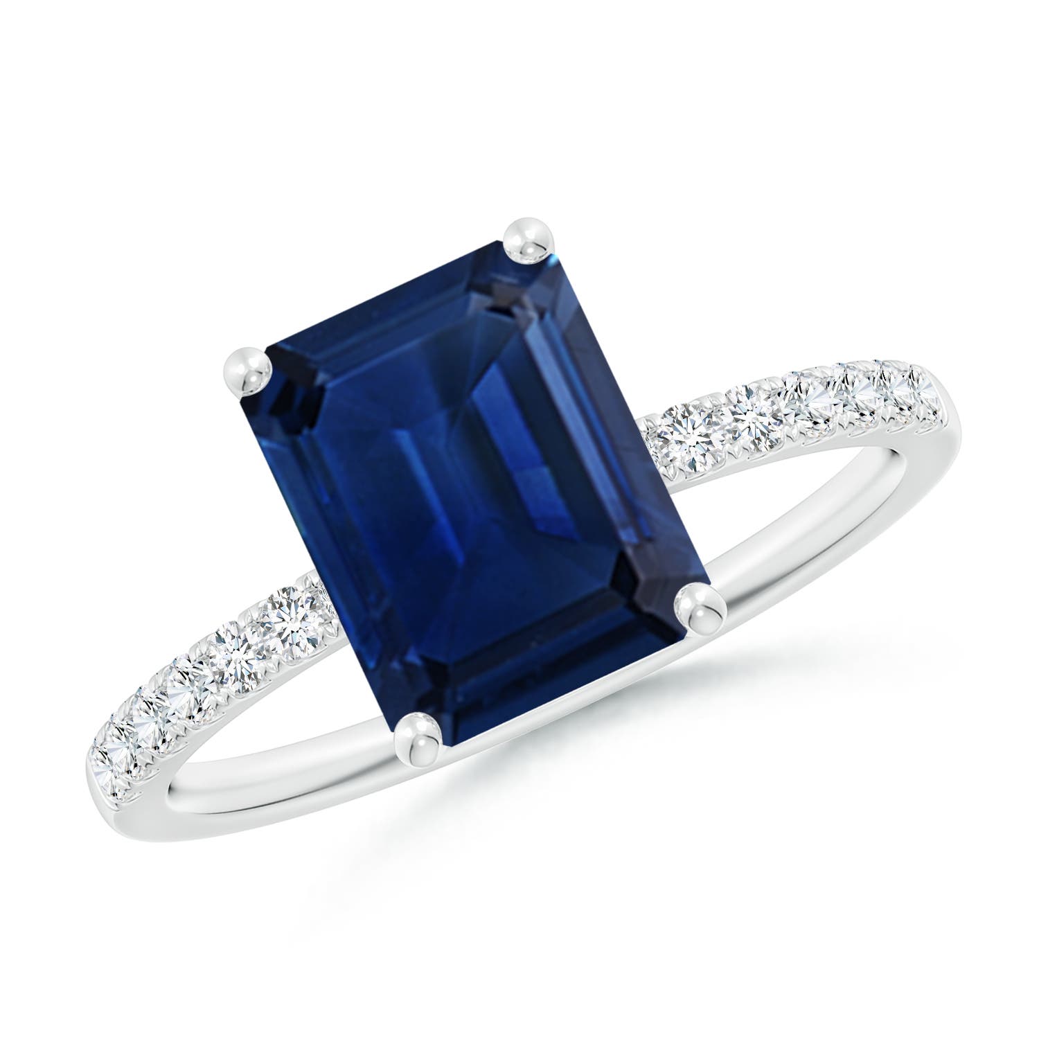 9x7mm AAA Emerald-Cut Blue Sapphire Engagement Ring with Diamonds in 18K White Gold