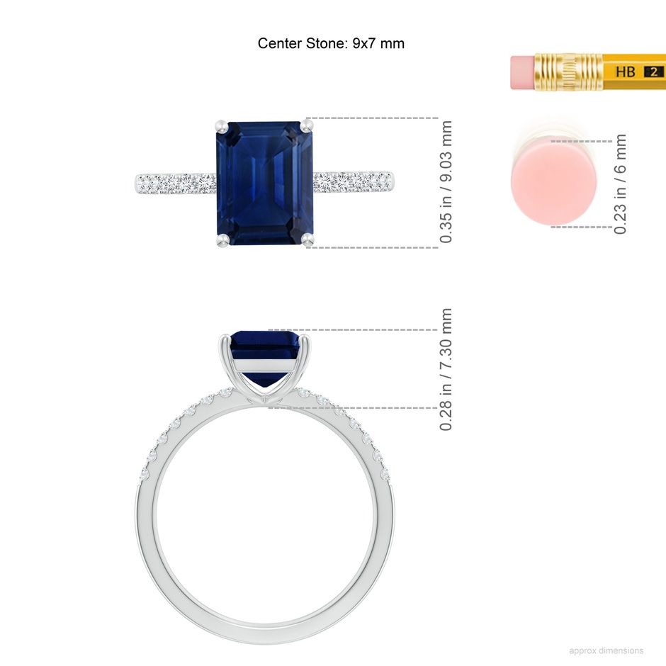 9x7mm AAA Emerald-Cut Blue Sapphire Engagement Ring with Diamonds in 18K White Gold ruler