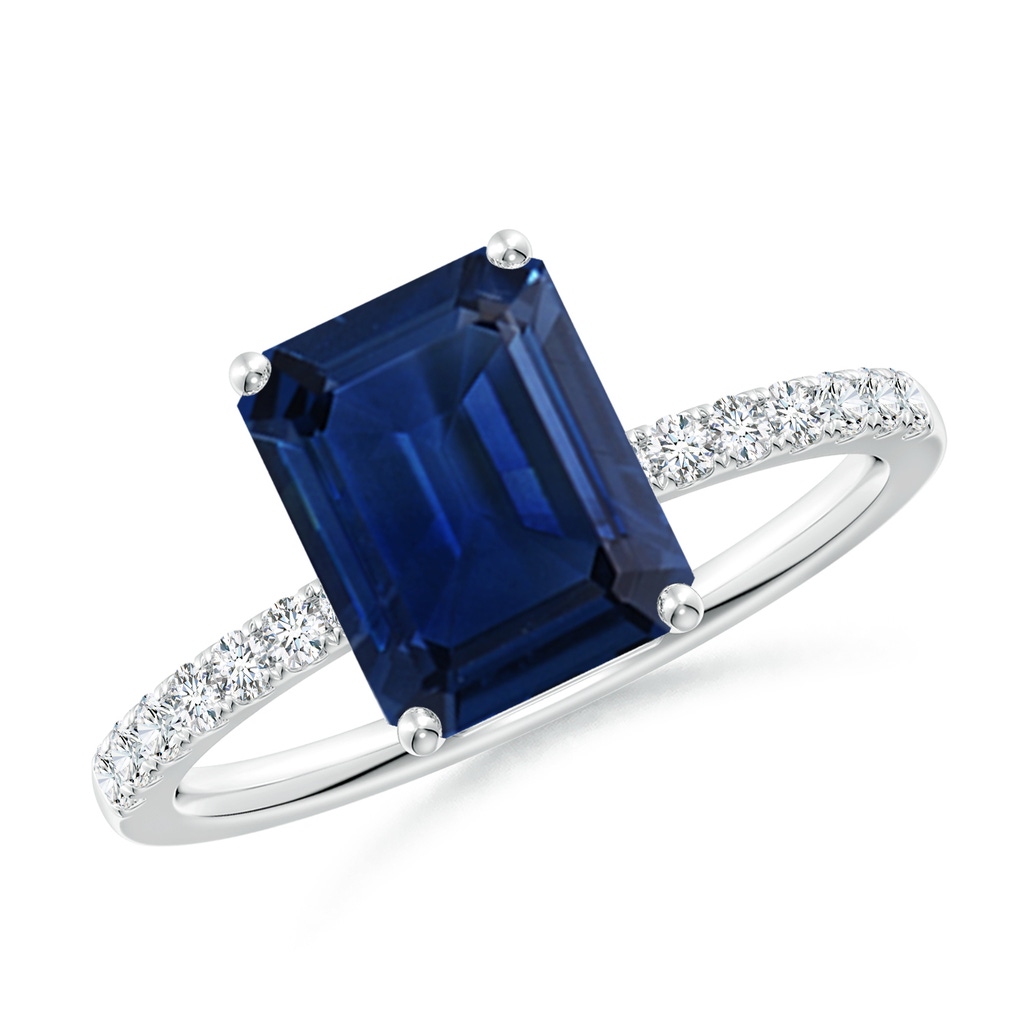 9x7mm AAA Emerald-Cut Blue Sapphire Engagement Ring with Diamonds in White Gold