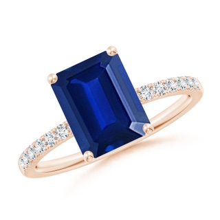 9x7mm AAAA Emerald-Cut Blue Sapphire Engagement Ring with Diamonds in 18K Rose Gold