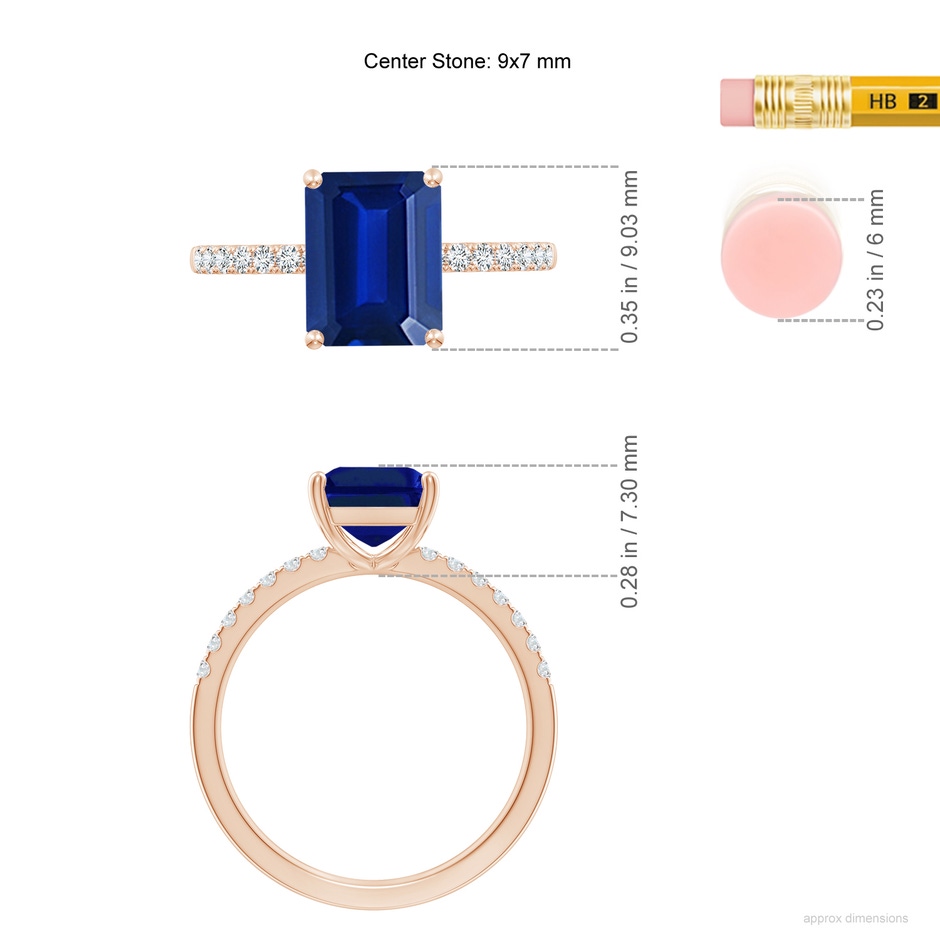 9x7mm AAAA Emerald-Cut Blue Sapphire Engagement Ring with Diamonds in 18K Rose Gold ruler