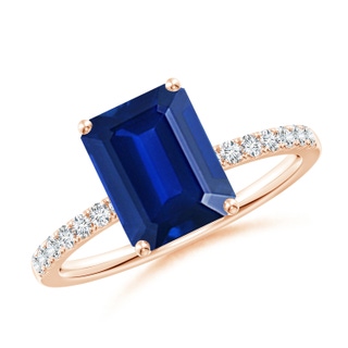 9x7mm AAAA Emerald-Cut Blue Sapphire Engagement Ring with Diamonds in Rose Gold