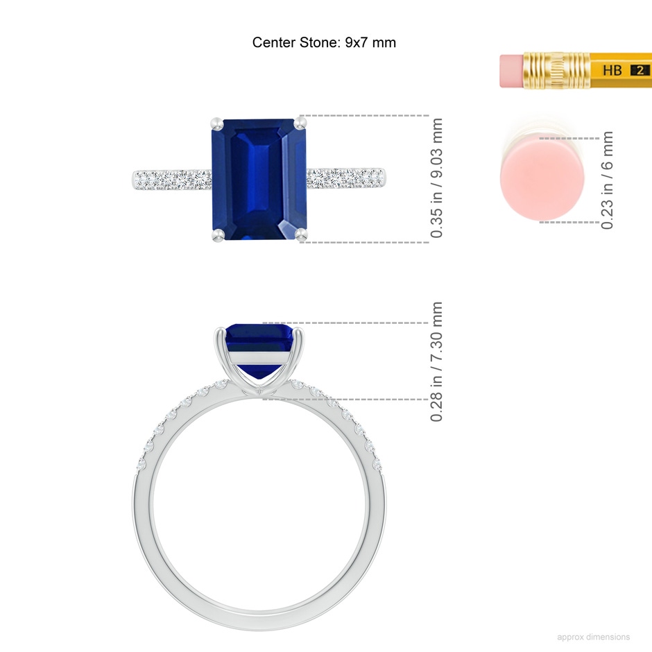 9x7mm Lab-Grown Emerald-Cut Blue Sapphire Engagement Ring with Diamonds in White Gold ruler