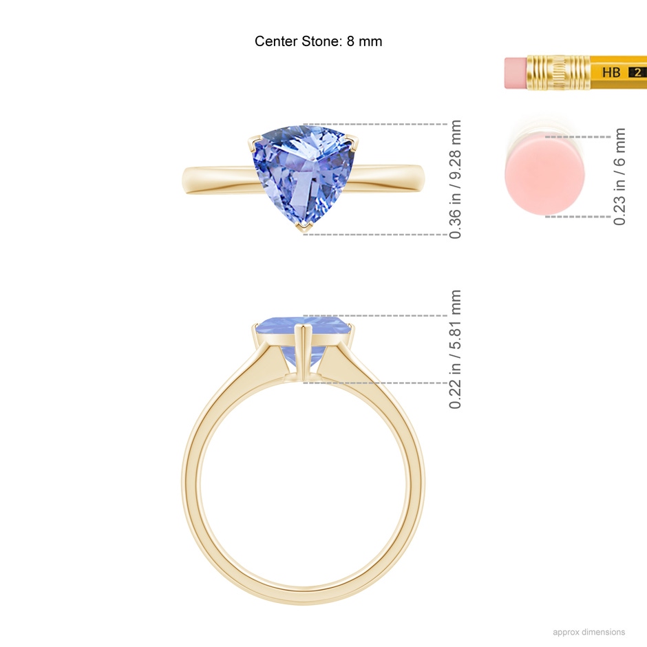 8mm A Trillion Tanzanite Solitaire Engagement Ring in Yellow Gold ruler
