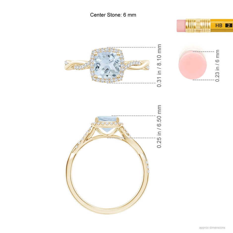 6mm A Twisted Shank Cushion Aquamarine Halo Engagement Ring in Yellow Gold ruler